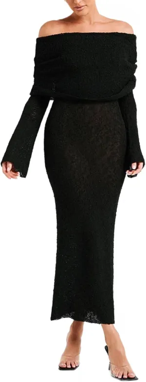 Women Sexy Off Shoulder Maxi Dress Long Sleeve Knit Crochet Bodycon Ruched Mesh Beach Vacation Party Sweater Dresses