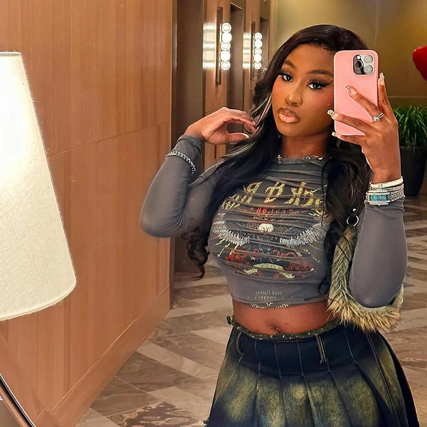 Women Sexy Sheer Mesh See Through Graphic Crop Top Long Sleeve Cut Out Tee Club Outfits