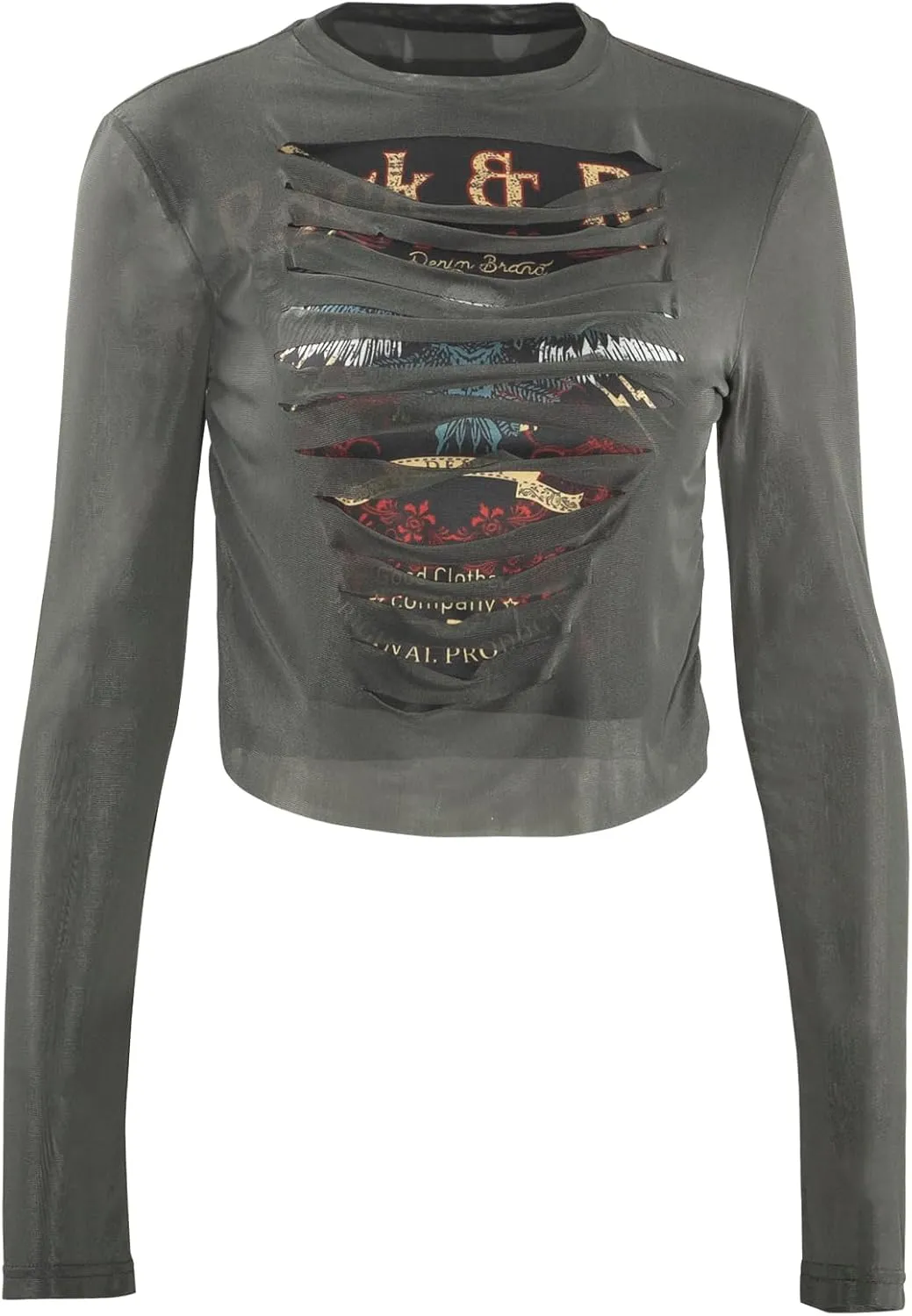 Women Sexy Sheer Mesh See Through Graphic Crop Top Long Sleeve Cut Out Tee Club Outfits