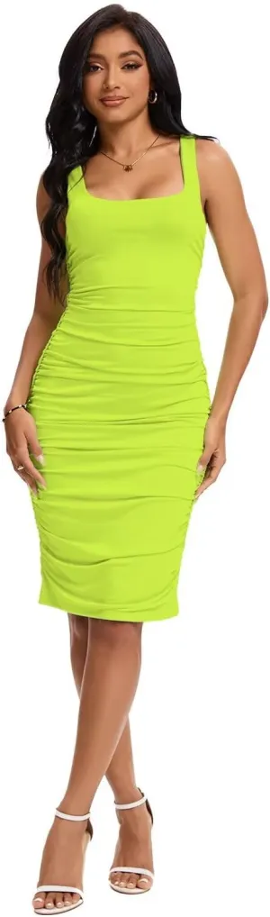 Women Sexy Tank Dress Bodycon Ruched Sleeveless Solid Color Midi Party Dress