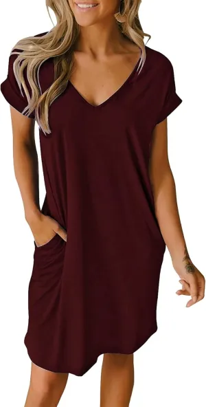 Women Shirt Dress Casual Loose Swing Dress V-Neck Short Sleeve Tunic Dress with Pockets