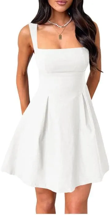 Women Square Neck Mini Party Dress Sleeveless Backless Bow Tie Short Party Dresses Club Wear