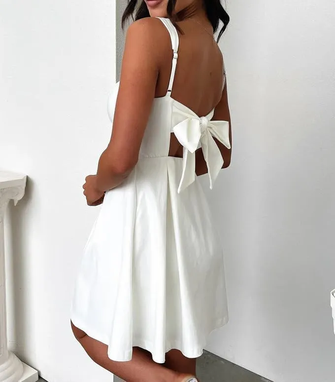 Women Square Neck Mini Party Dress Sleeveless Backless Bow Tie Short Party Dresses Club Wear