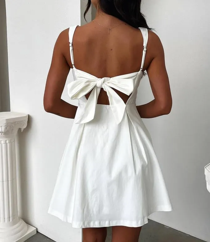Women Square Neck Mini Party Dress Sleeveless Backless Bow Tie Short Party Dresses Club Wear