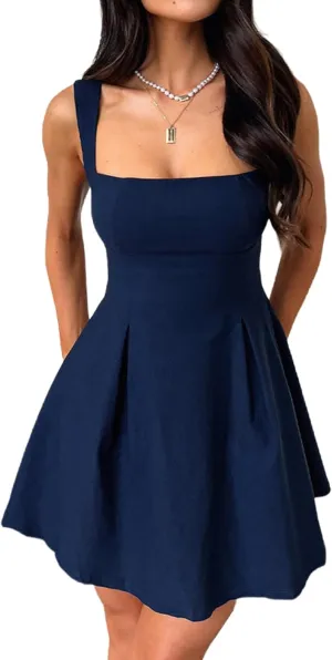 Women Square Neck Mini Party Dress Sleeveless Backless Bow Tie Short Party Dresses Club Wear