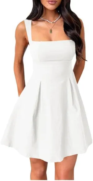 Women Square Neck Mini Party Dress Sleeveless Backless Bow Tie Short Party Dresses Club Wear