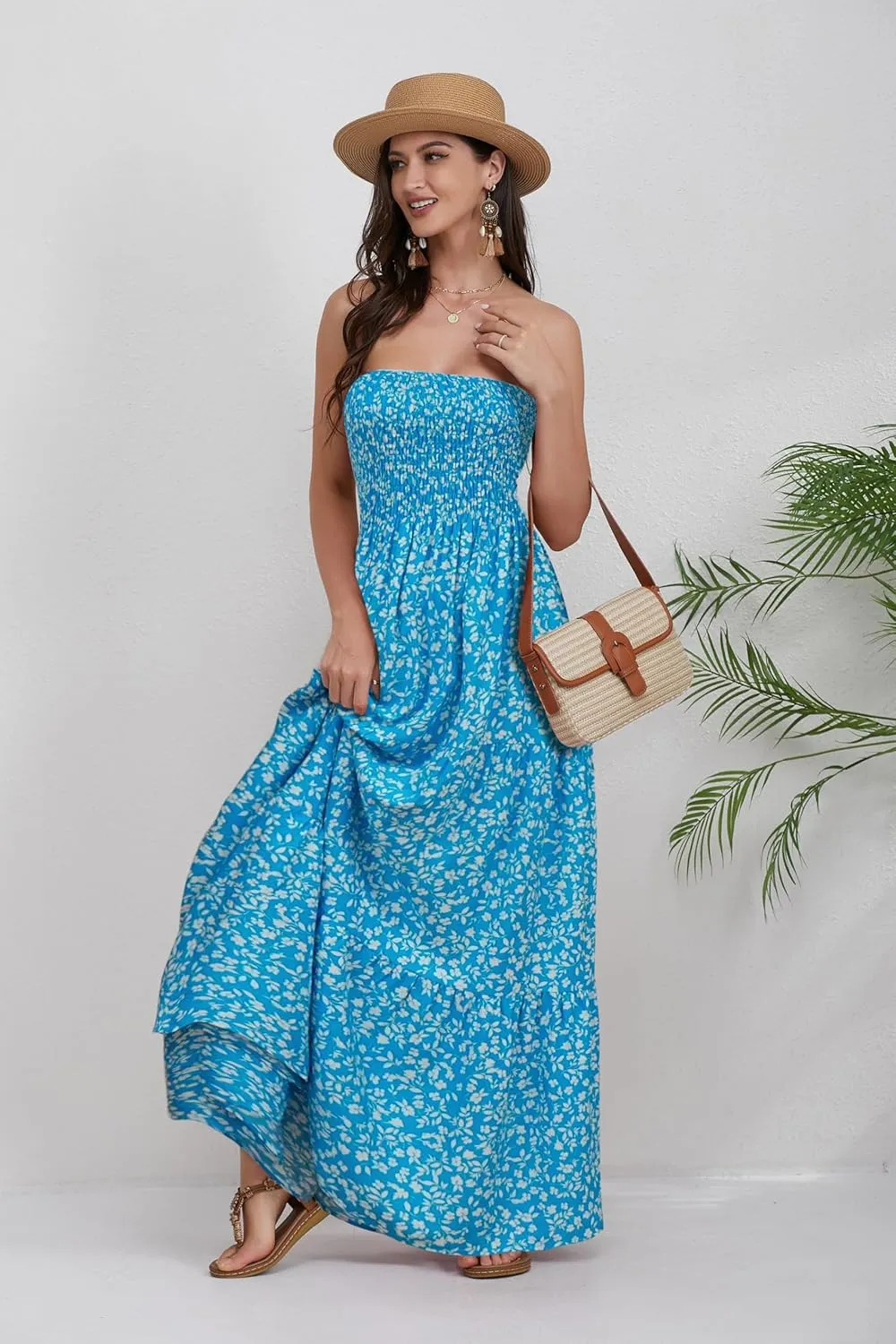 Women Strapless A Line Maxi Dress Tube Top Backless Casual Summer Dress