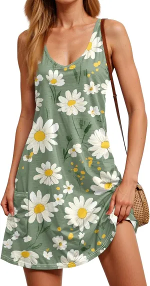 Women Summer Dresses Printed Beach Swimsuit Coverup Sleeveless 2025 Sundress V Neck Casual Dress with Pocket