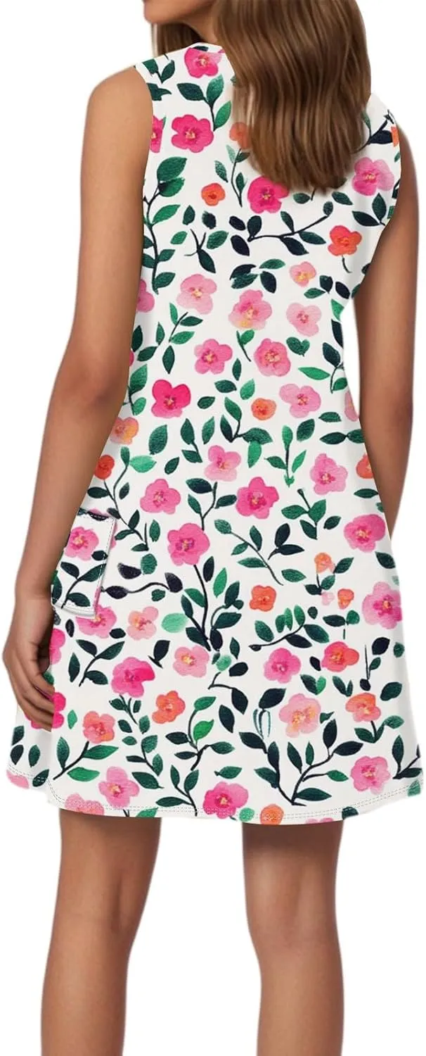 Women Summer Dresses Printed Sleeveless Dress with Pocket 2025 Vacation Sundress Casual V Neck Swimsuit Coverup