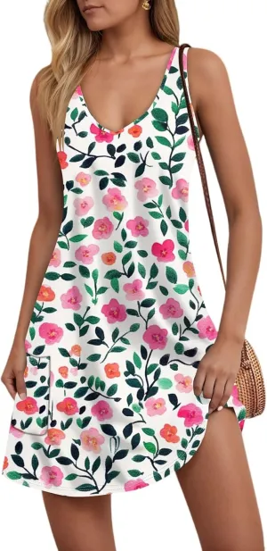 Women Summer Dresses Printed Sleeveless Dress with Pocket 2025 Vacation Sundress Casual V Neck Swimsuit Coverup