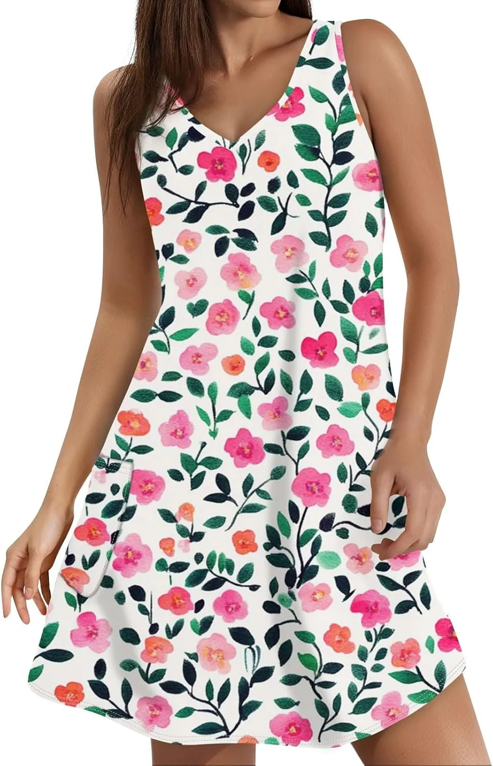 Women Summer Dresses Printed Sleeveless Dress with Pocket 2025 Vacation Sundress Casual V Neck Swimsuit Coverup