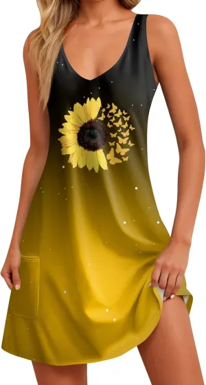 Women Summer Dresses Printed Sleeveless Dress with Pocket 2025 Vacation Sundress Casual V Neck Swimsuit Coverup