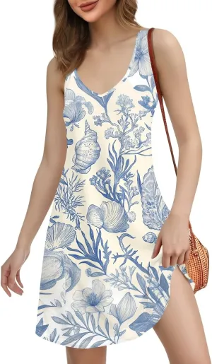 Women Summer Dresses Printed V Neck Sundress Sleeveless Casual Swimsuit Coverup Beach Vacation Dress with Pocket