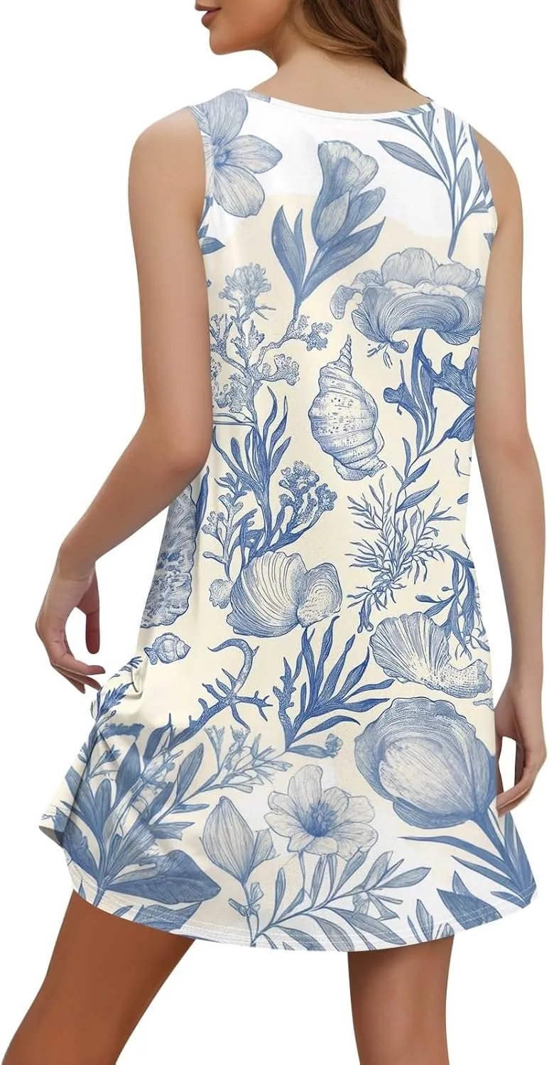 Women Summer Dresses Printed V Neck Sundress Sleeveless Casual Swimsuit Coverup Beach Vacation Dress with Pocket