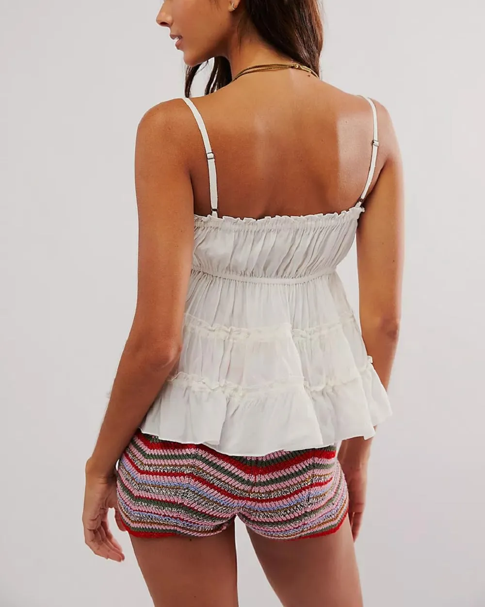 Women Tie Front Cami Top Smocked Ruched Tank Top Spaghetti Strap Camisole Frilly Tiered Babydoll Tops