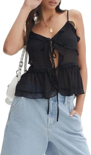 Women Tie Front Cami Top Smocked Ruched Tank Top Spaghetti Strap Camisole Frilly Tiered Babydoll Tops