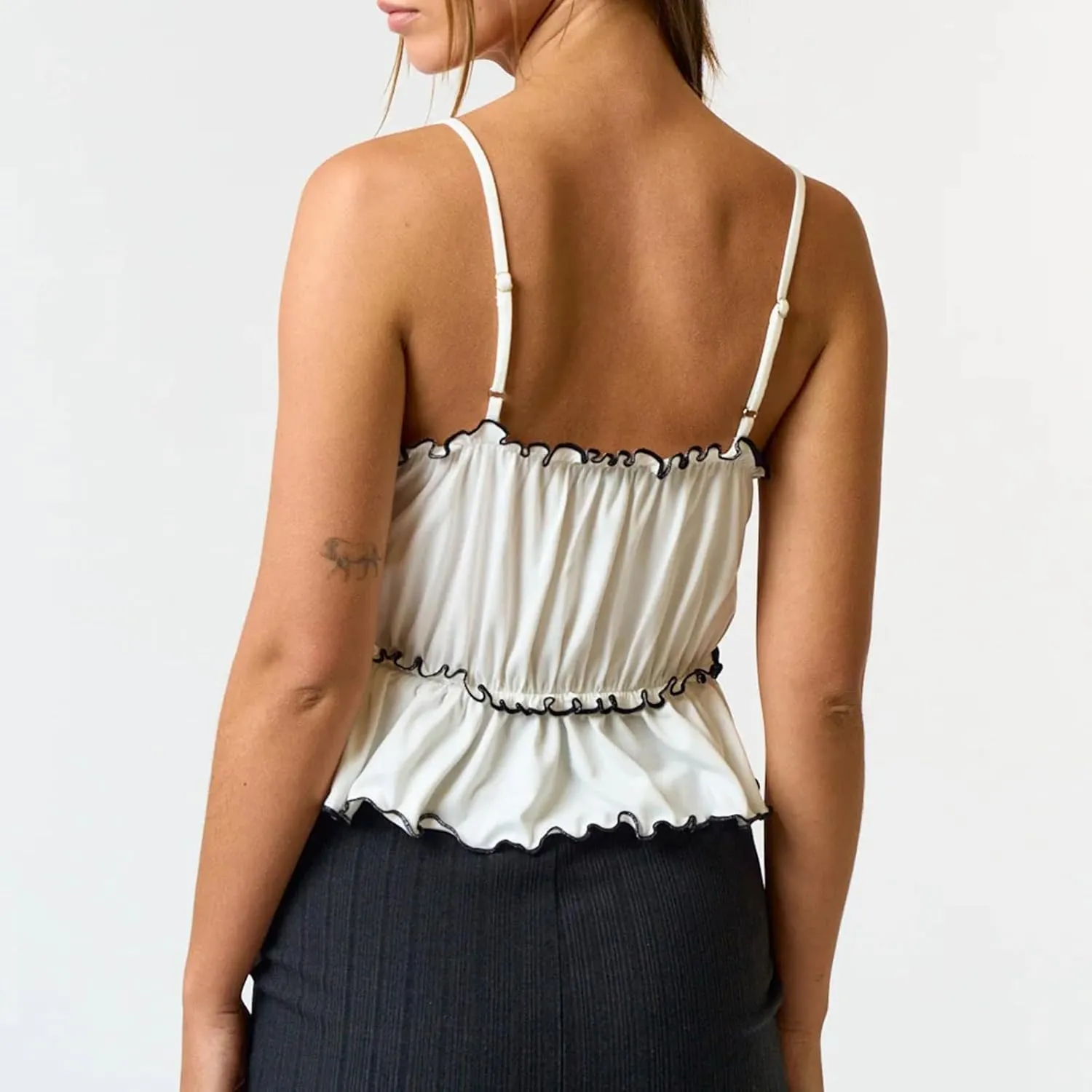 Women Tie Front Cami Top Smocked Ruched Tank Top Spaghetti Strap Camisole Frilly Tiered Babydoll Tops