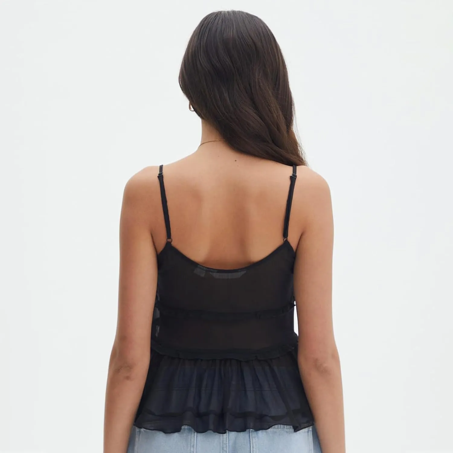 Women Tie Front Cami Top Smocked Ruched Tank Top Spaghetti Strap Camisole Frilly Tiered Babydoll Tops