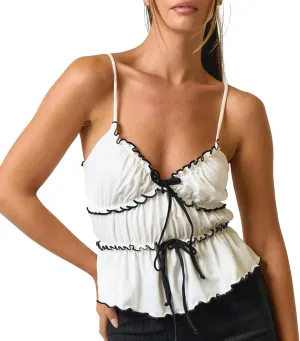 Women Tie Front Cami Top Smocked Ruched Tank Top Spaghetti Strap Camisole Frilly Tiered Babydoll Tops