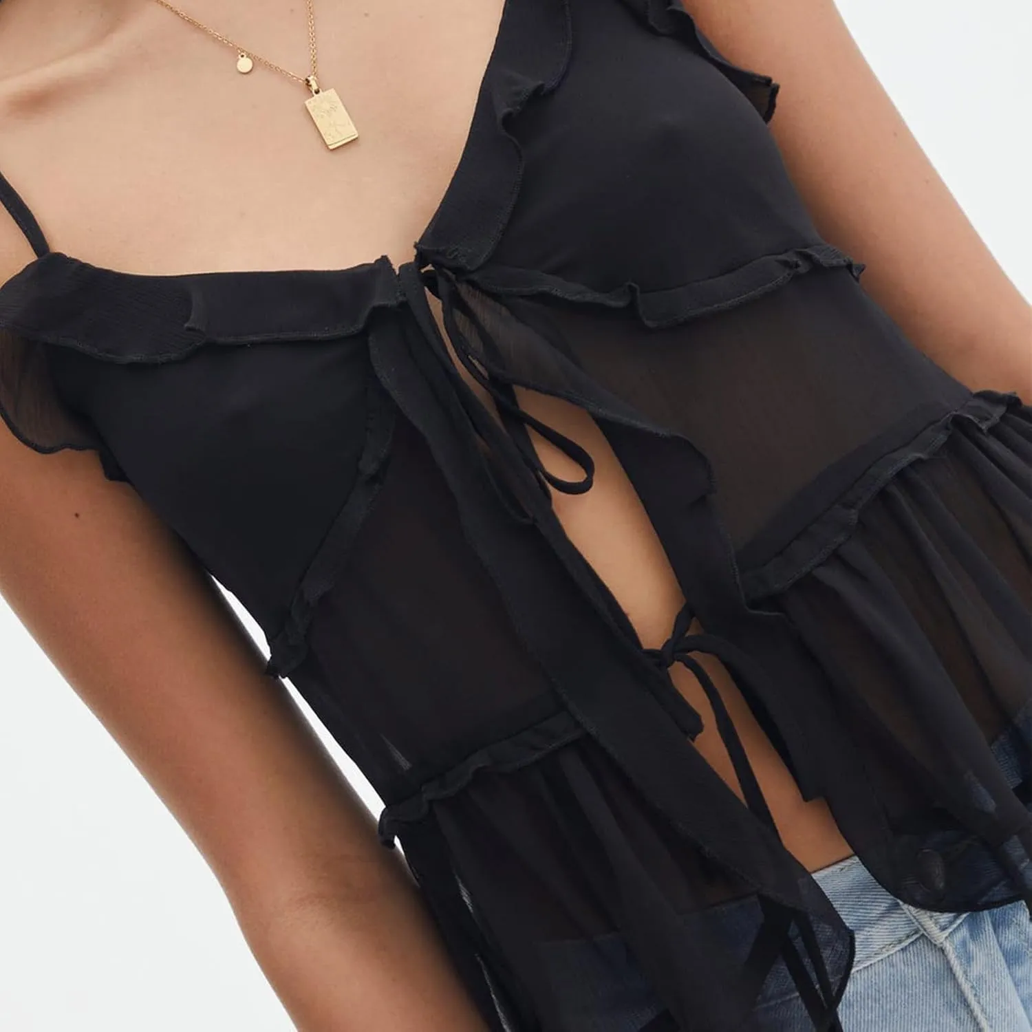 Women Tie Front Cami Top Smocked Ruched Tank Top Spaghetti Strap Camisole Frilly Tiered Babydoll Tops