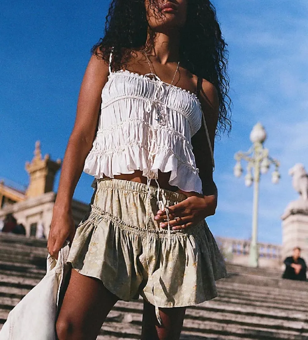 Women Tie Front Cami Top Smocked Ruched Tank Top Spaghetti Strap Camisole Frilly Tiered Babydoll Tops