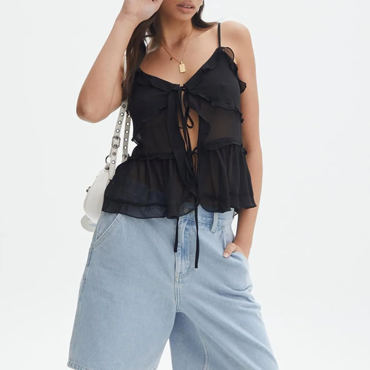 Women Tie Front Cami Top Smocked Ruched Tank Top Spaghetti Strap Camisole Frilly Tiered Babydoll Tops