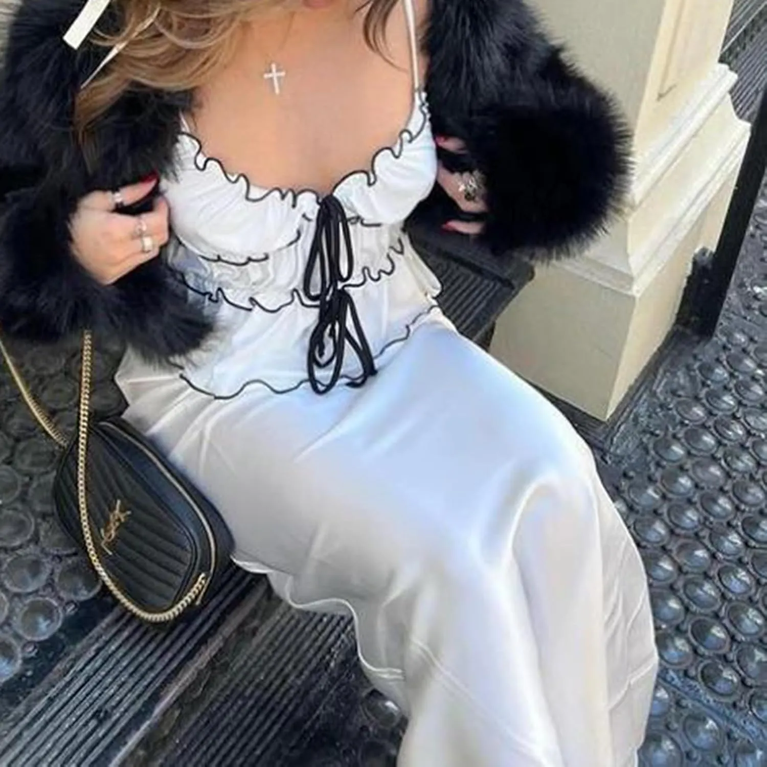 Women Tie Front Cami Top Smocked Ruched Tank Top Spaghetti Strap Camisole Frilly Tiered Babydoll Tops