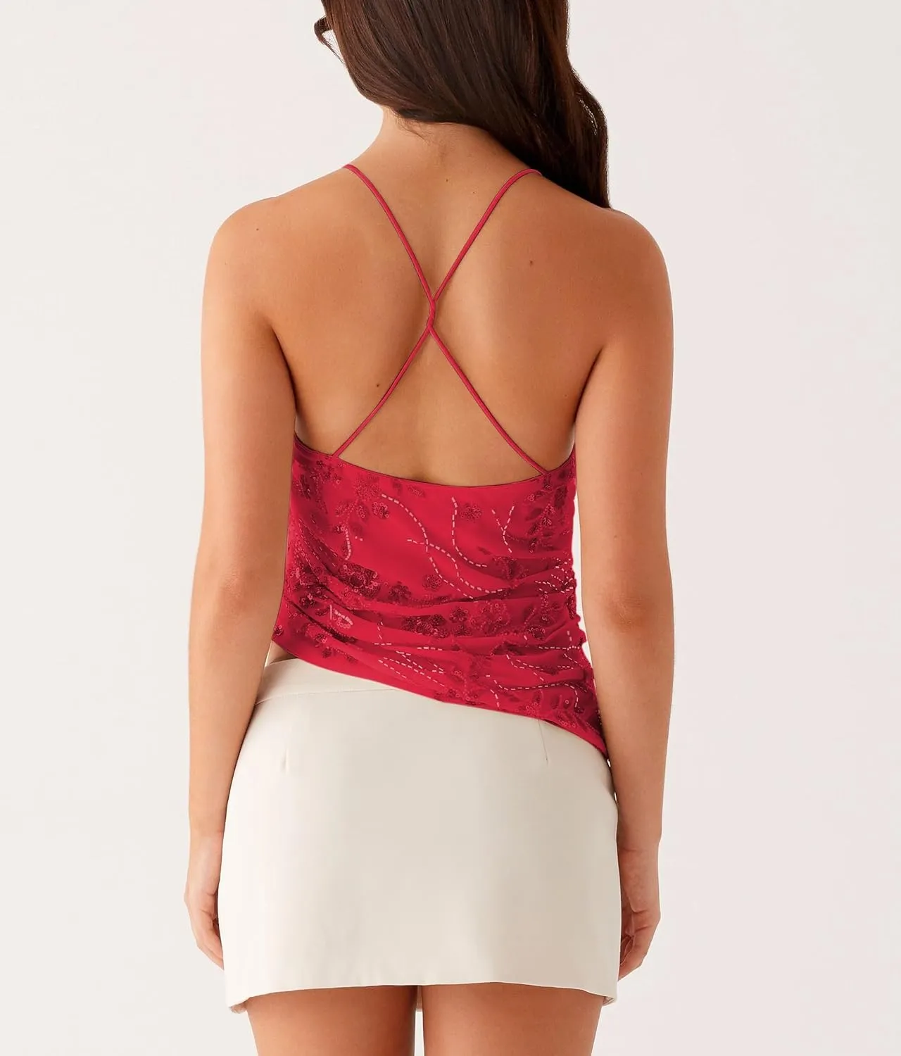 Women Y2K Sequin Cami Top Pearl Rhinestone Sleeveless Tank Top Sparkle Glitter Backless Crop Top Going Out