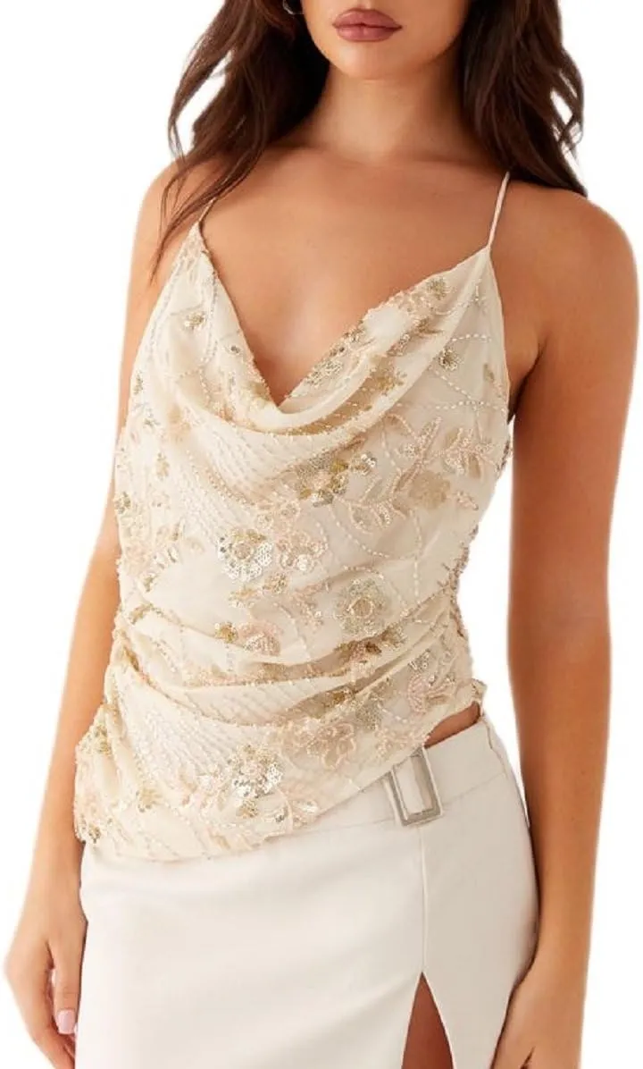 Women Y2K Sequin Cami Top Pearl Rhinestone Sleeveless Tank Top Sparkle Glitter Backless Crop Top Going Out