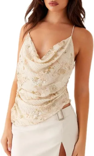 Women Y2K Sequin Cami Top Pearl Rhinestone Sleeveless Tank Top Sparkle Glitter Backless Crop Top Going Out