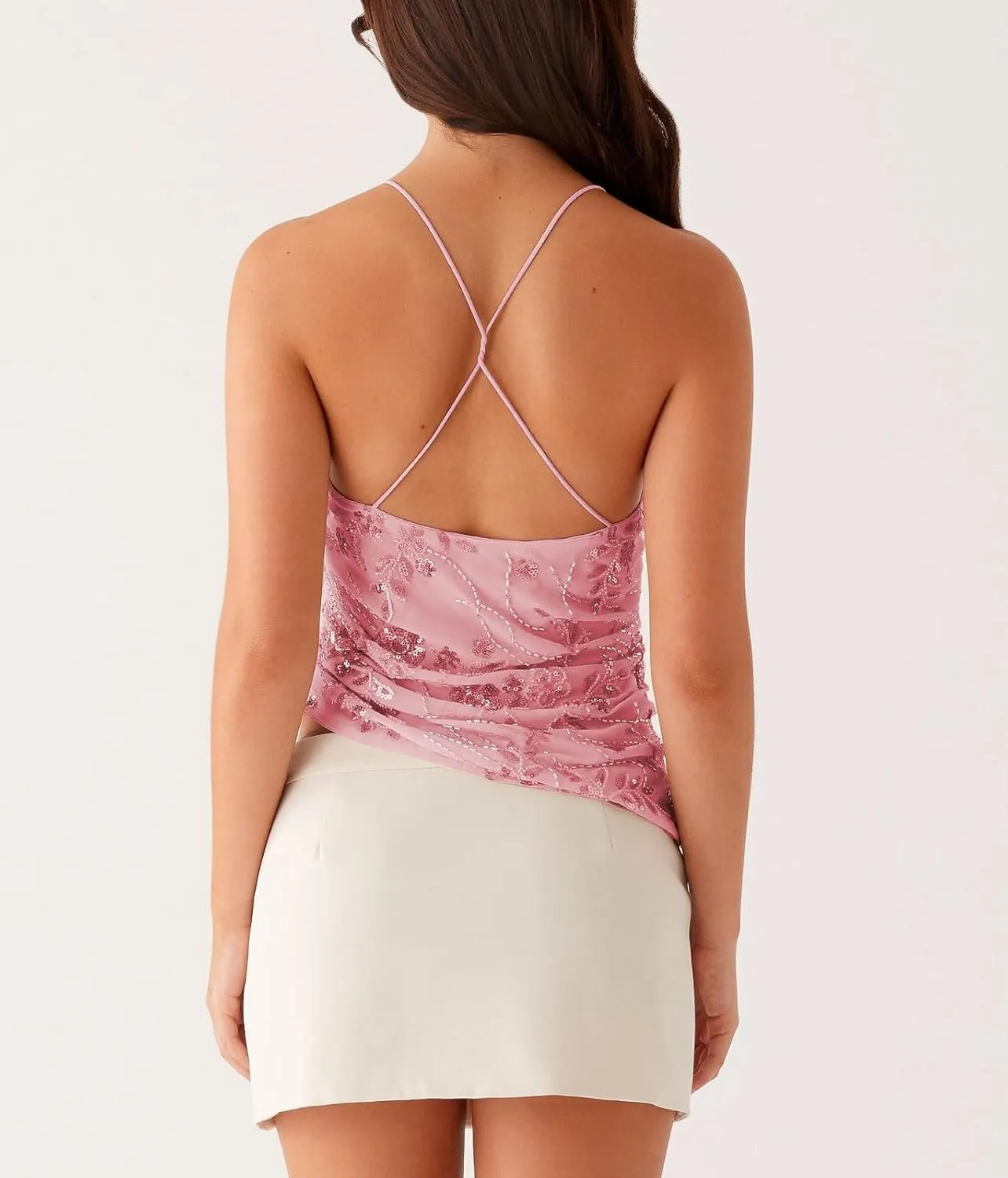 Women Y2K Sequin Cami Top Pearl Rhinestone Sleeveless Tank Top Sparkle Glitter Backless Crop Top Going Out