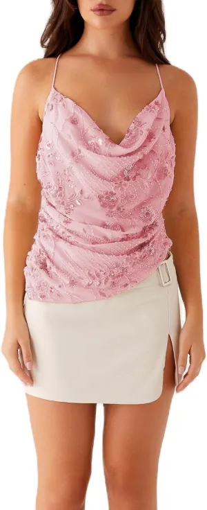 Women Y2K Sequin Cami Top Pearl Rhinestone Sleeveless Tank Top Sparkle Glitter Backless Crop Top Going Out