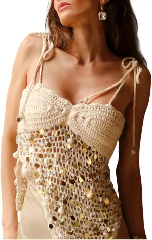 Women Y2K Sequin Sparkle Cami Top Halter Knit Glitter Tank Top Sleeveless Crochet Crop Top Streewear