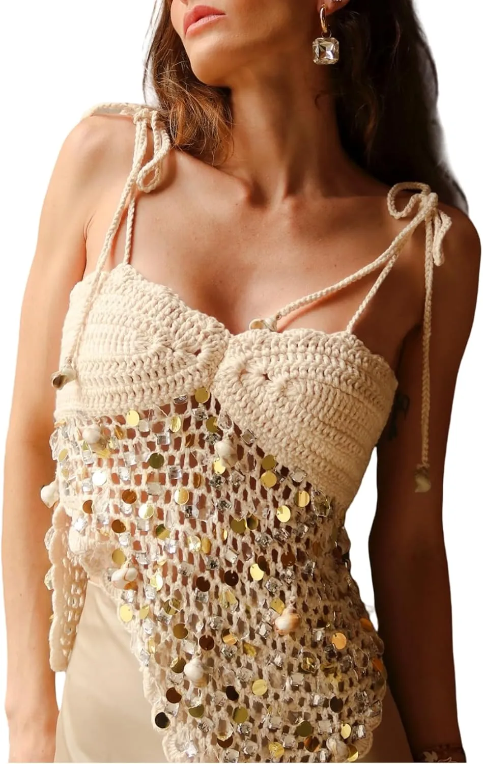Women Y2K Sequin Sparkle Cami Top Halter Knit Glitter Tank Top Sleeveless Crochet Crop Top Streewear