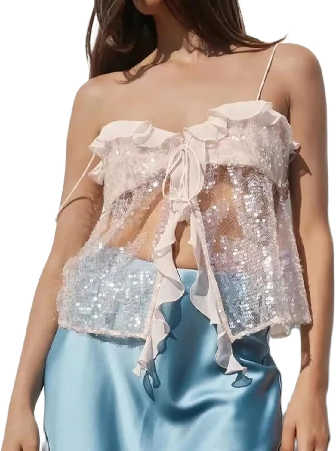 Women Y2k Sequin Sparkly Cami Top Sleeveless Backless Flowy Glitter Crop Tank Top Summer Party Streetwear