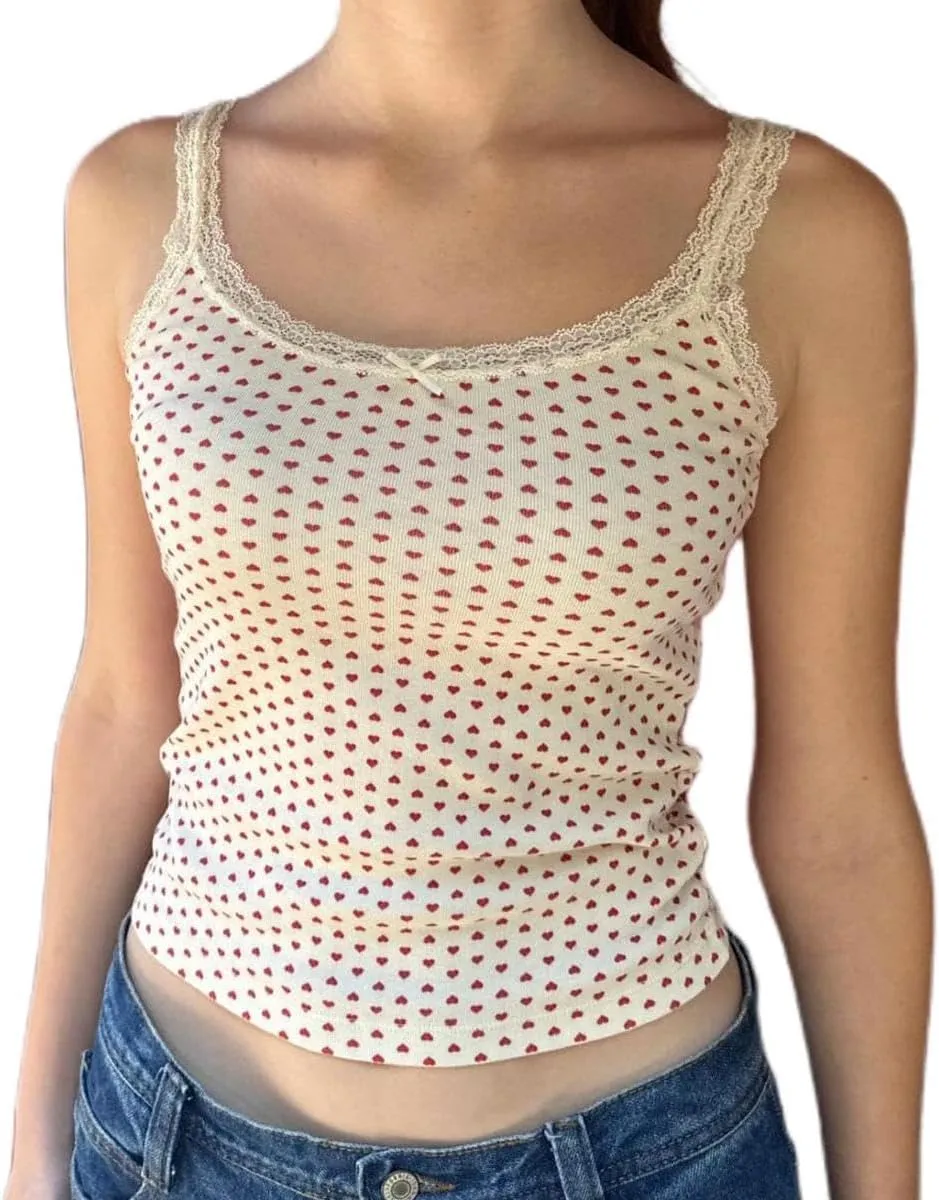 Women Y2k Tank Tops Lace Trim Cami Spaghetti Strap Top Cute Going Out Top