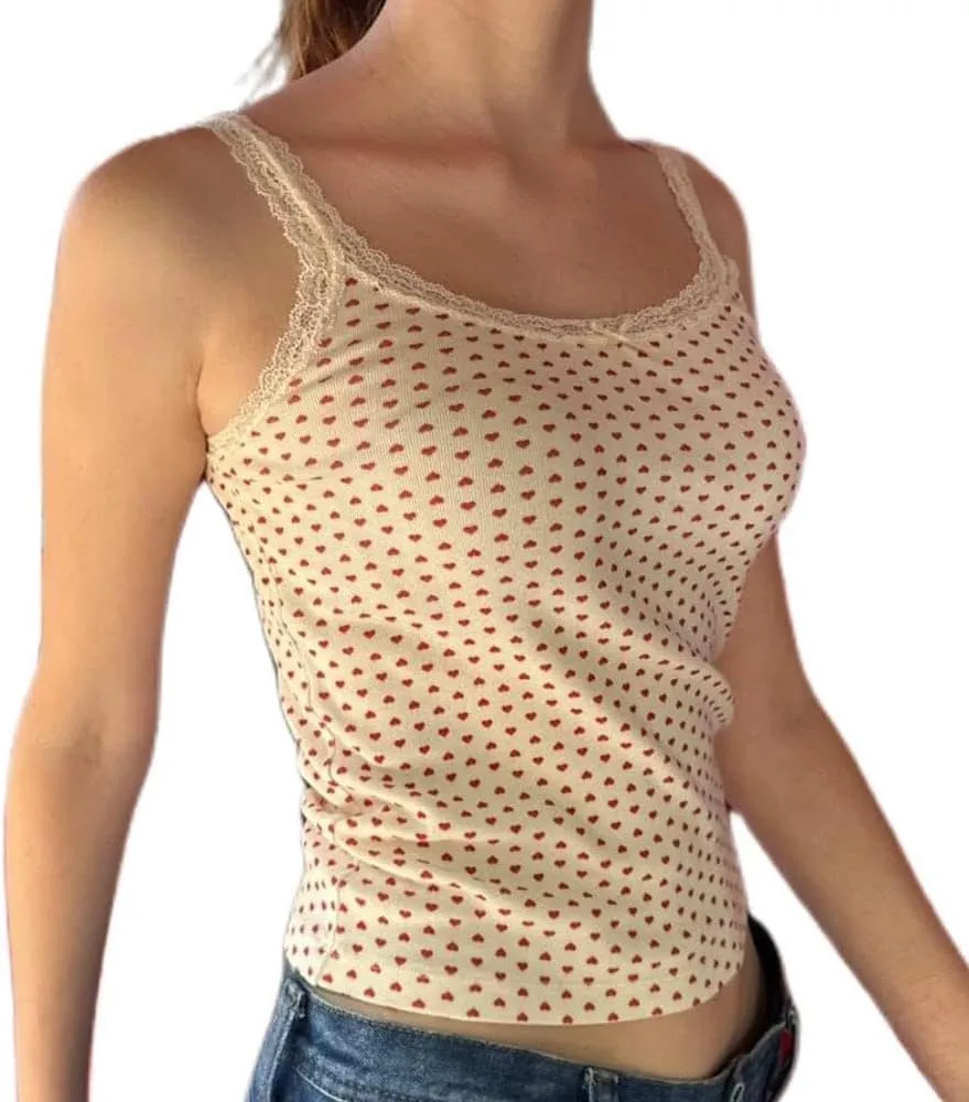 Women Y2k Tank Tops Lace Trim Cami Spaghetti Strap Top Cute Going Out Top