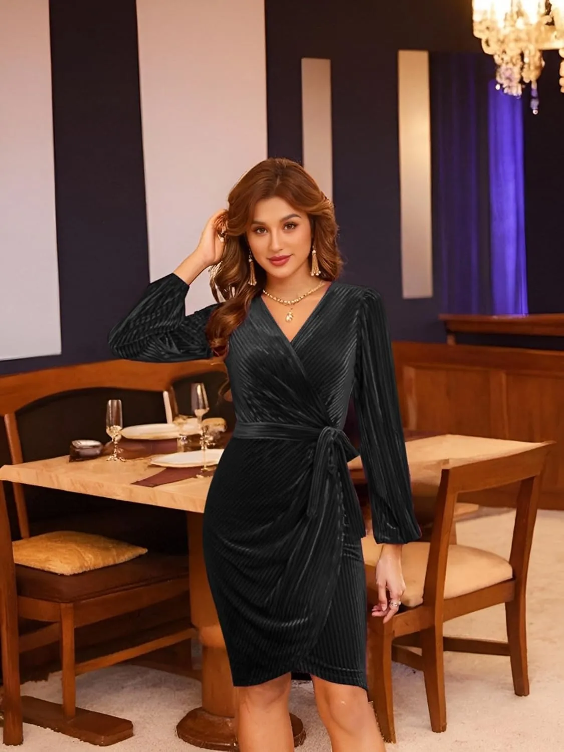 Women's 2024 Velvet Dress, Long Sleeve Winter Cocktail Dresses & Formal Velour Dress, Wedding Holiday Party Wear