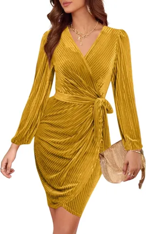 Women's 2024 Velvet Dress, Long Sleeve Winter Cocktail Dresses & Formal Velour Dress, Wedding Holiday Party Wear