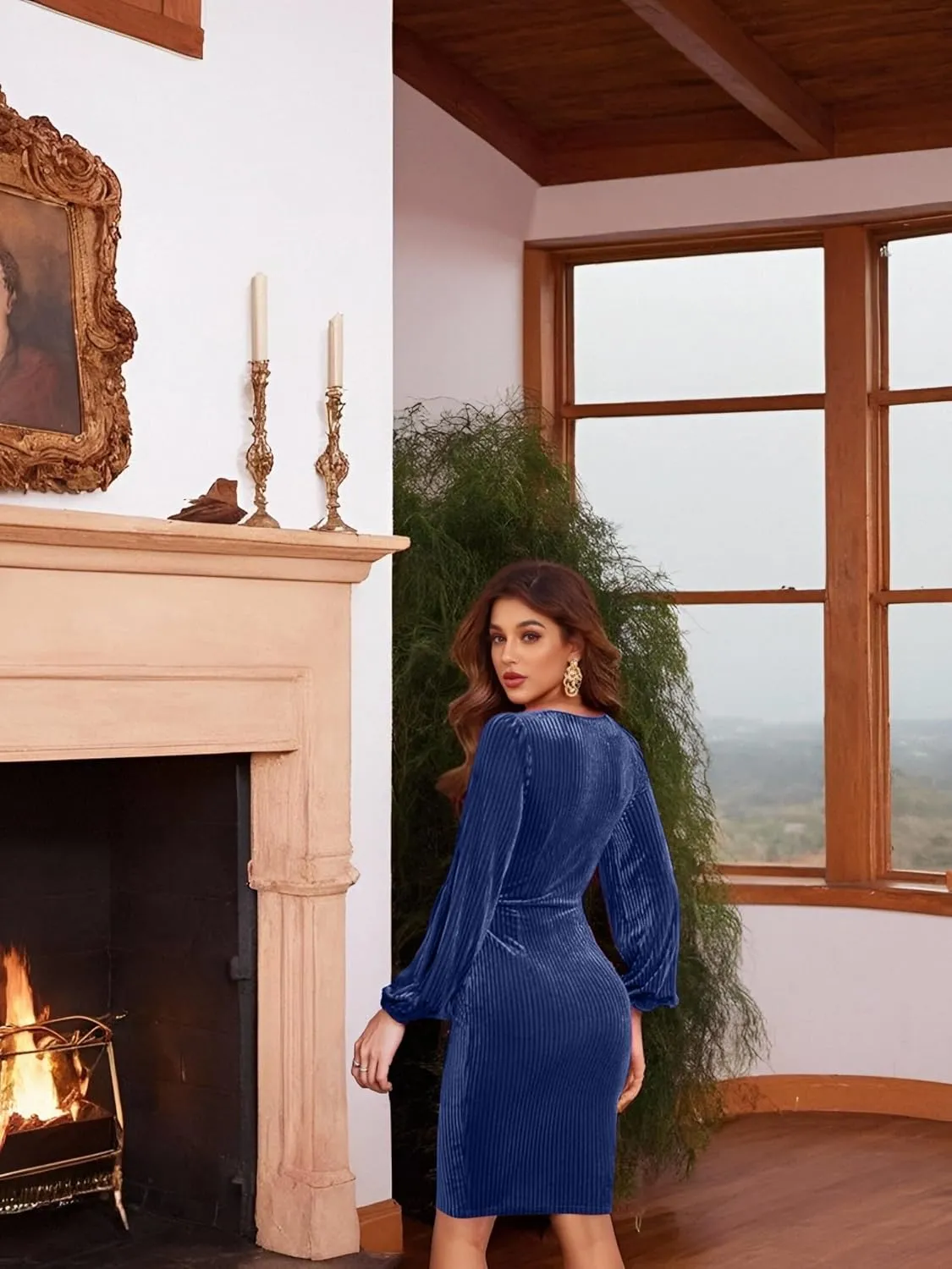 Women's 2024 Velvet Dress, Long Sleeve Winter Cocktail Dresses & Formal Velour Dress, Wedding Holiday Party Wear