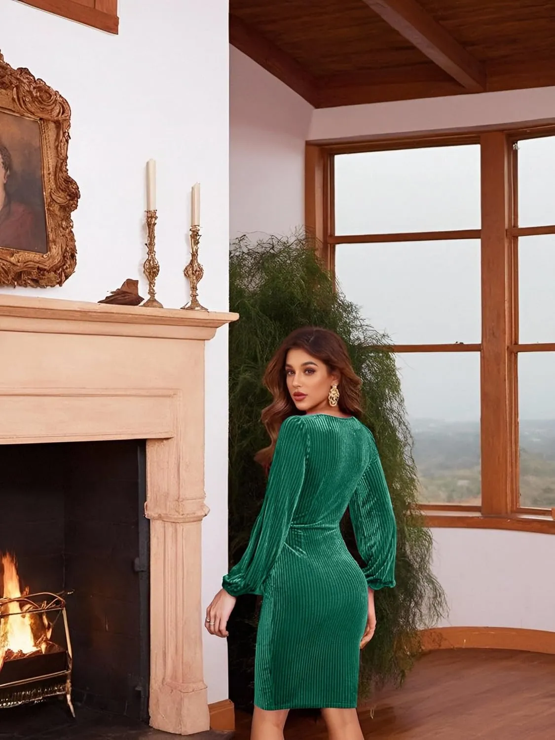 Women's 2024 Velvet Dress, Long Sleeve Winter Cocktail Dresses & Formal Velour Dress, Wedding Holiday Party Wear