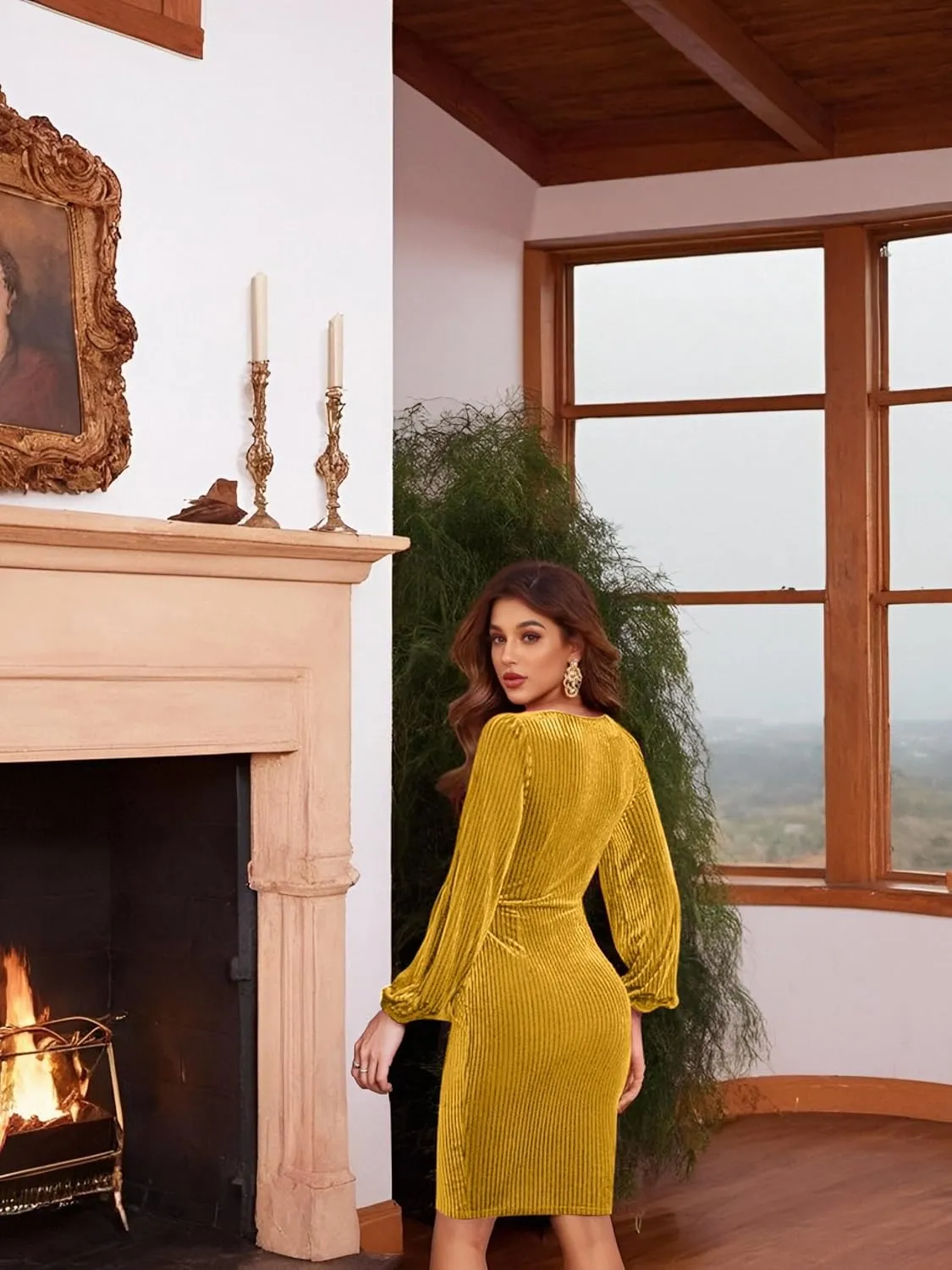Women's 2024 Velvet Dress, Long Sleeve Winter Cocktail Dresses & Formal Velour Dress, Wedding Holiday Party Wear