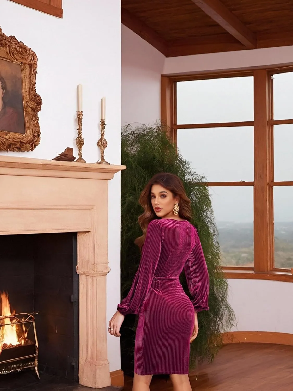 Women's 2024 Velvet Dress, Long Sleeve Winter Cocktail Dresses & Formal Velour Dress, Wedding Holiday Party Wear