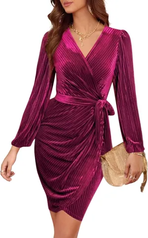 Women's 2024 Velvet Dress, Long Sleeve Winter Cocktail Dresses & Formal Velour Dress, Wedding Holiday Party Wear