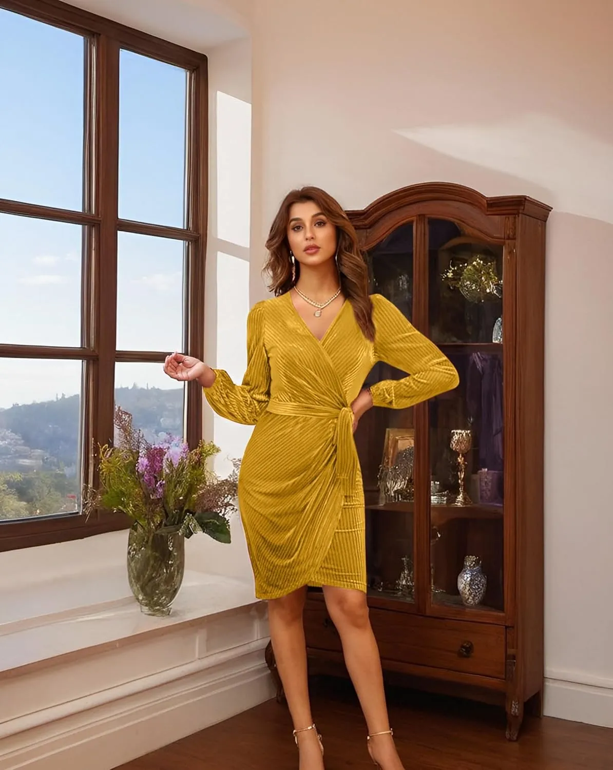 Women's 2024 Velvet Dress, Long Sleeve Winter Cocktail Dresses & Formal Velour Dress, Wedding Holiday Party Wear