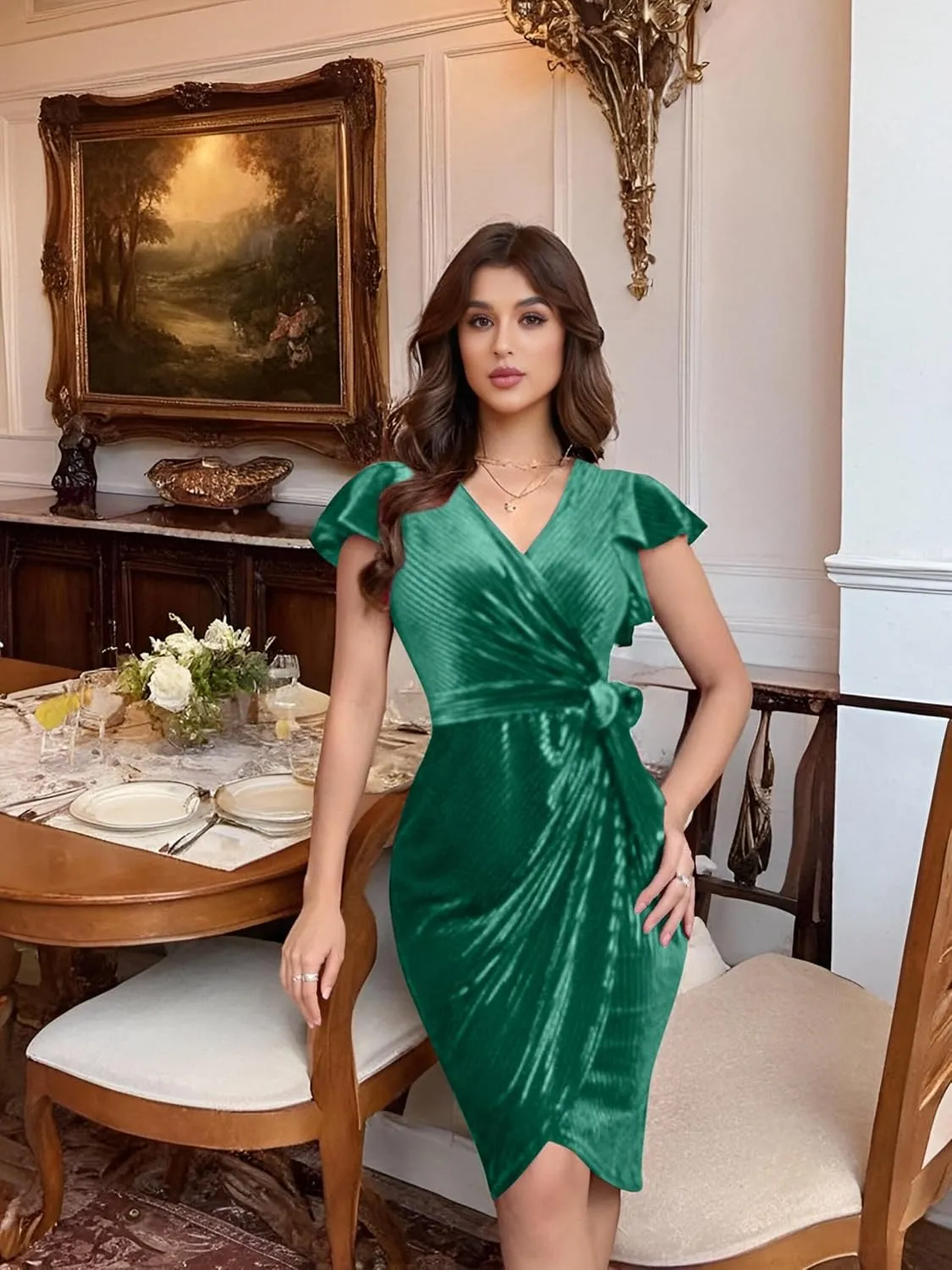 Women's 2024 Velvet Dress, Short Sleeve Winter Cocktail Dresses & Formal Velour Dress, Wedding Holiday Party Wear