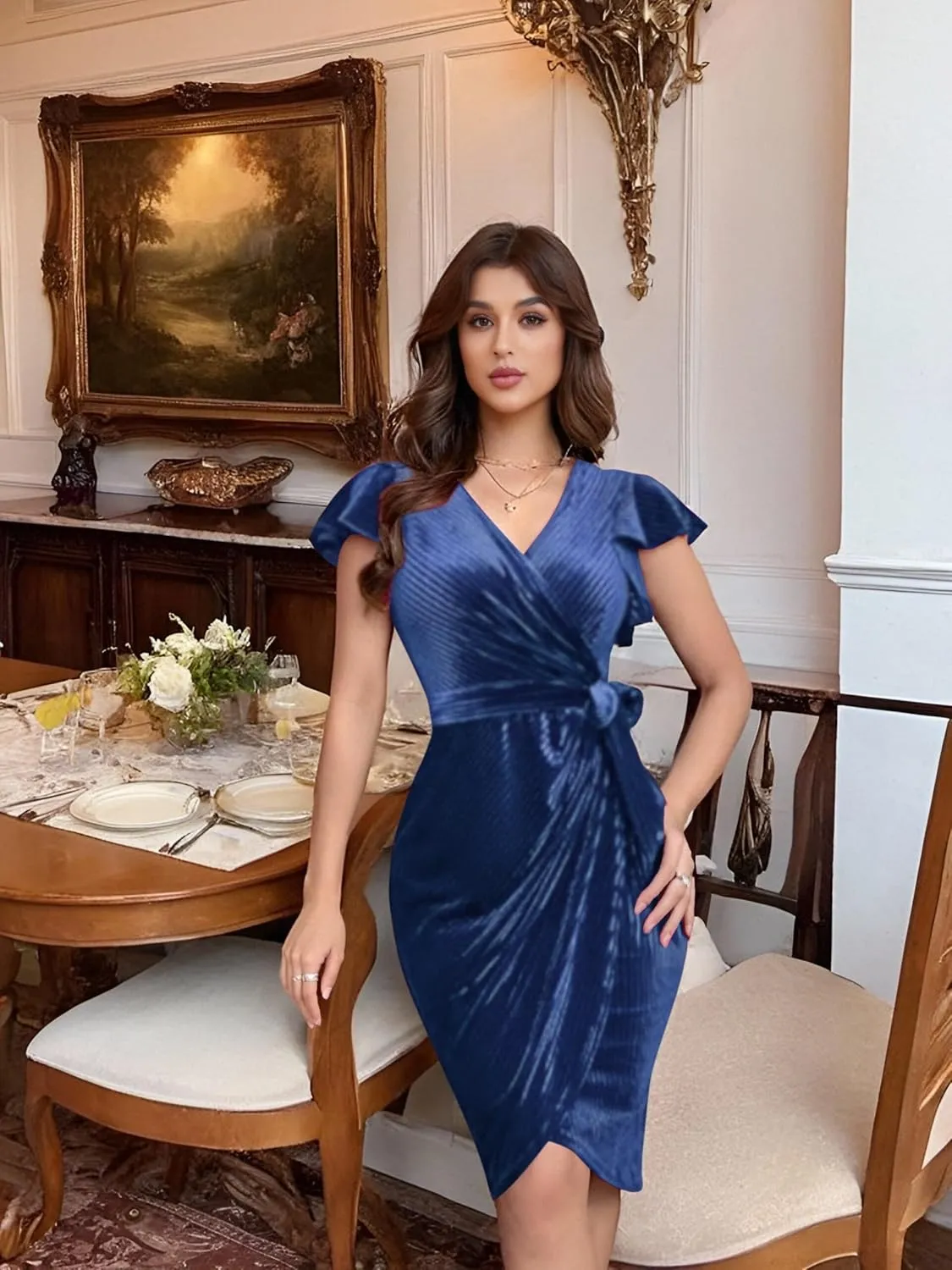 Women's 2024 Velvet Dress, Short Sleeve Winter Cocktail Dresses & Formal Velour Dress, Wedding Holiday Party Wear