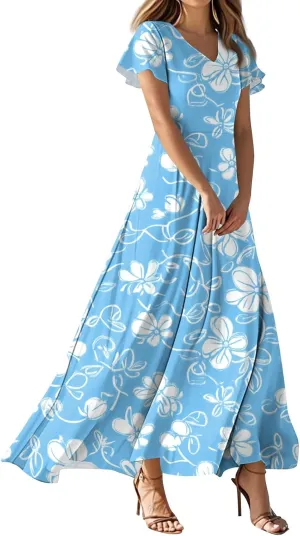 Women's 2025 Summer Floral V Neck Midi Dress Boho Short Sleeve High Waist Flowy Beach Vacation Dresses