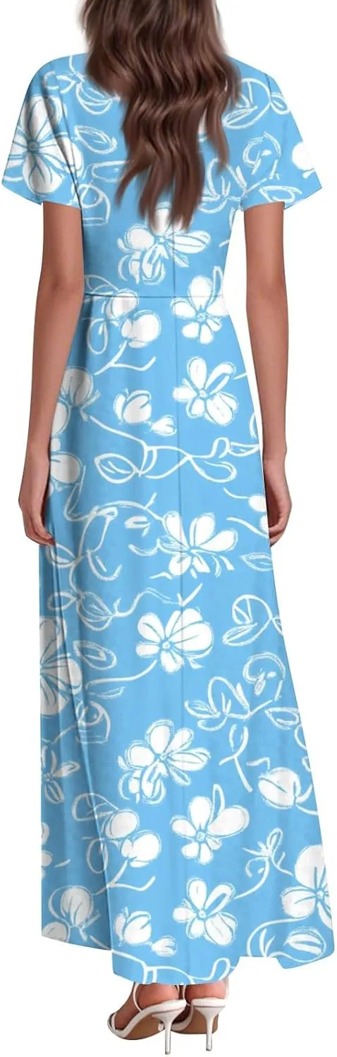 Women's 2025 Summer Floral V Neck Midi Dress Boho Short Sleeve High Waist Flowy Beach Vacation Dresses