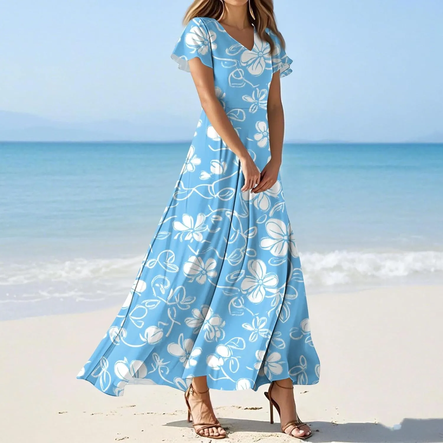 Women's 2025 Summer Floral V Neck Midi Dress Boho Short Sleeve High Waist Flowy Beach Vacation Dresses
